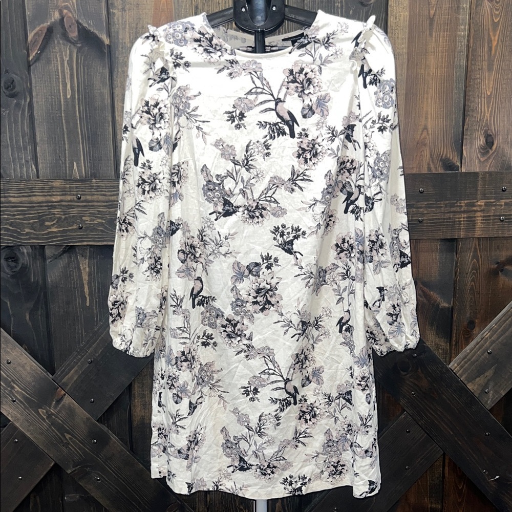 Who‎ What Wear Floral Bird Dress S NWT White Black Ruffle Balloon Sleeves Boho
